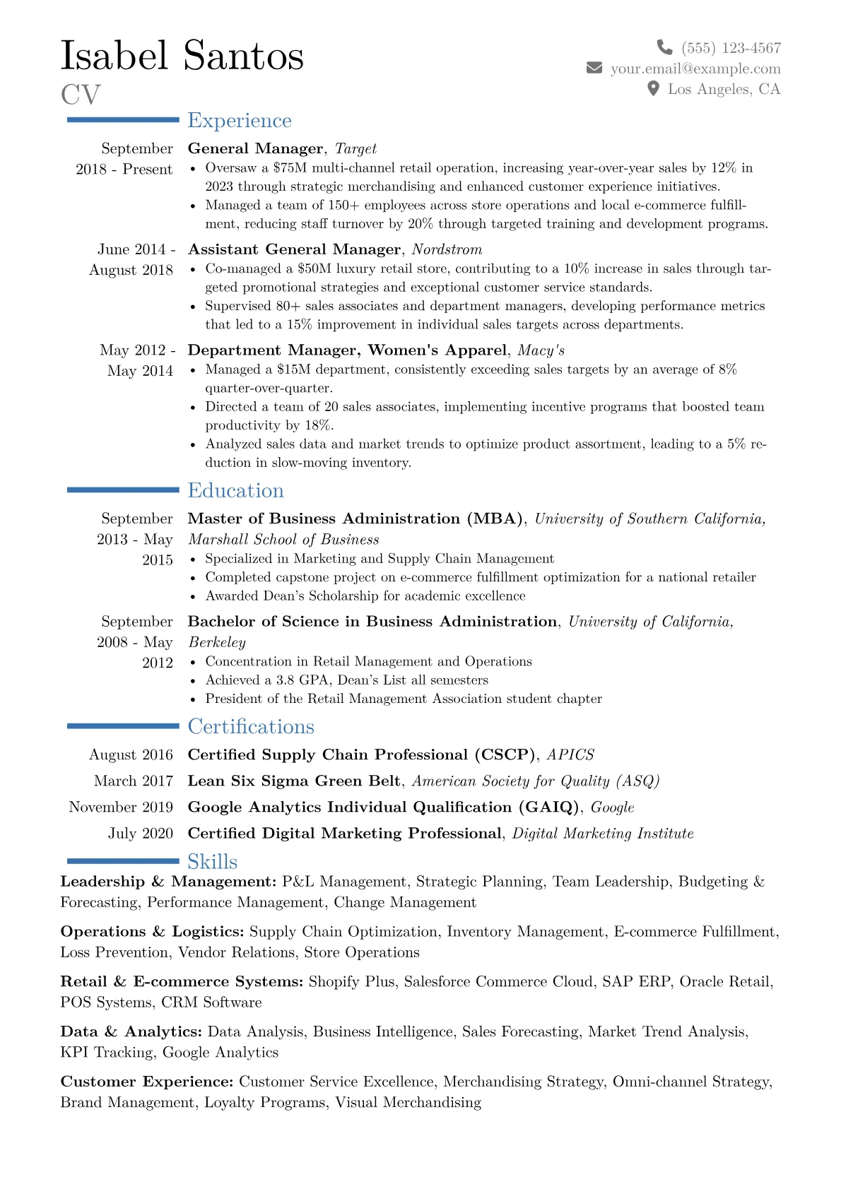 General Manager Resume Example CV template - Page 1