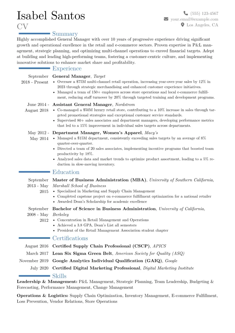 General Manager Resume Example CV template preview
