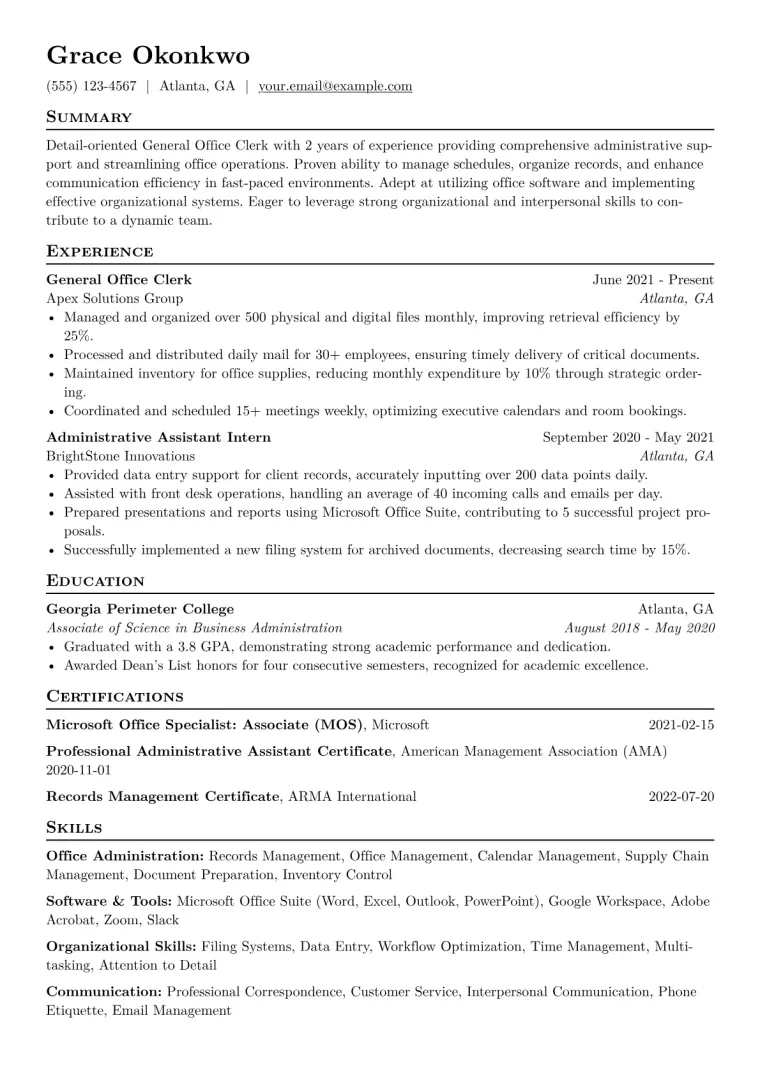General Office Clerk Resume Example CV template preview