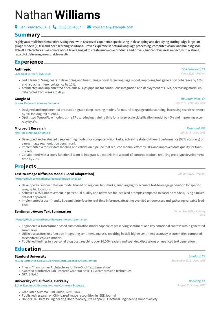 Generative AI Engineer Resume Example CV template preview
