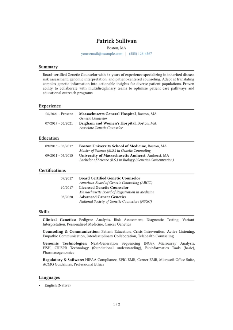 Genetic Counselor Resume Example CV template preview