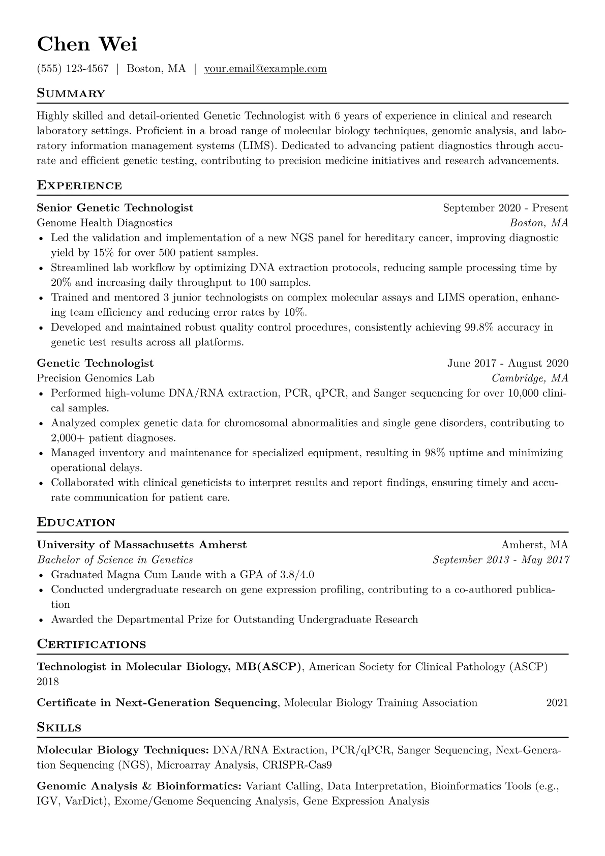 Genetic Technologist Resume Example CV template - Page 1