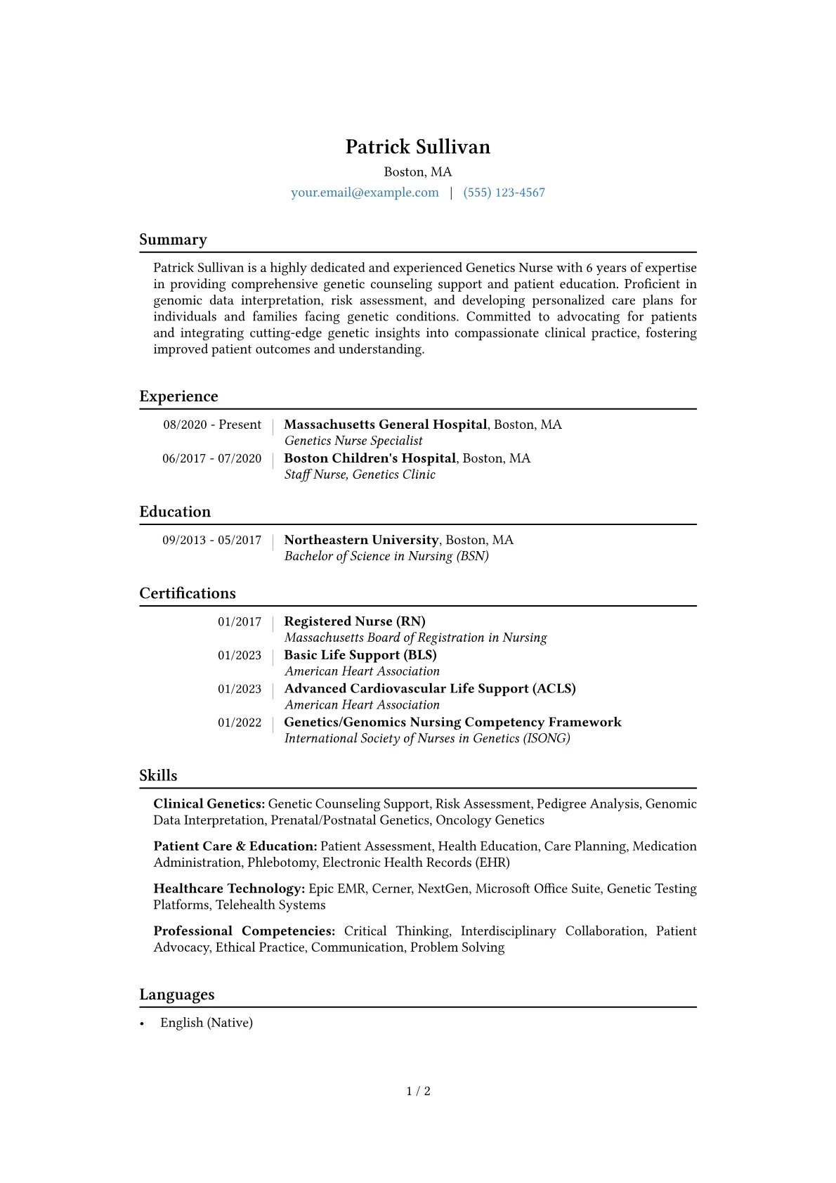 Genetics Nurse Resume Example CV template - Page 1