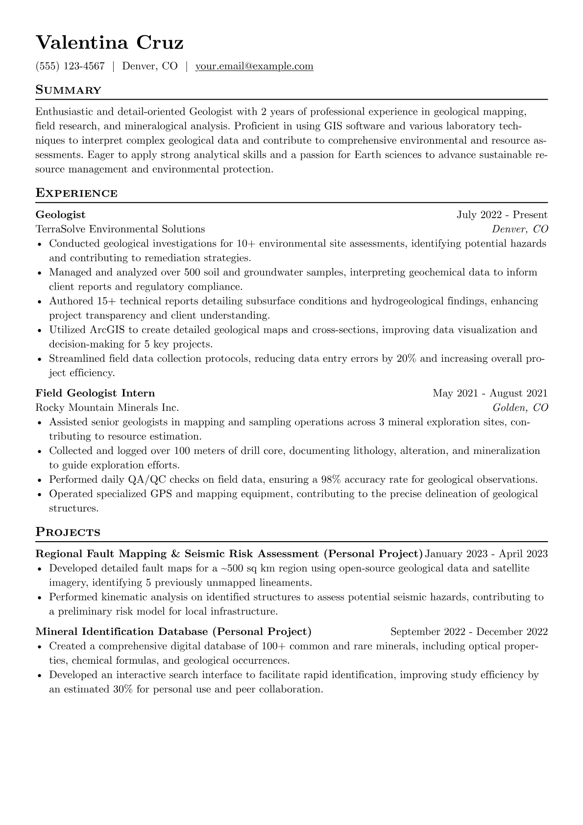Geologist Resume Example CV template - Page 1
