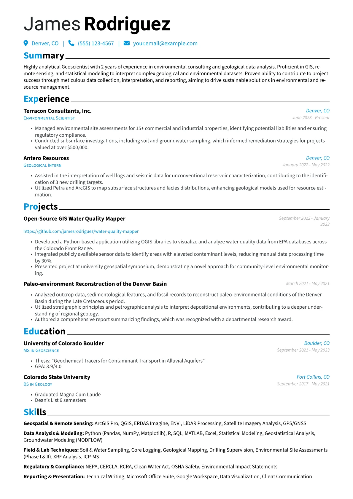 Geoscientist Resume Example CV template - Page 1