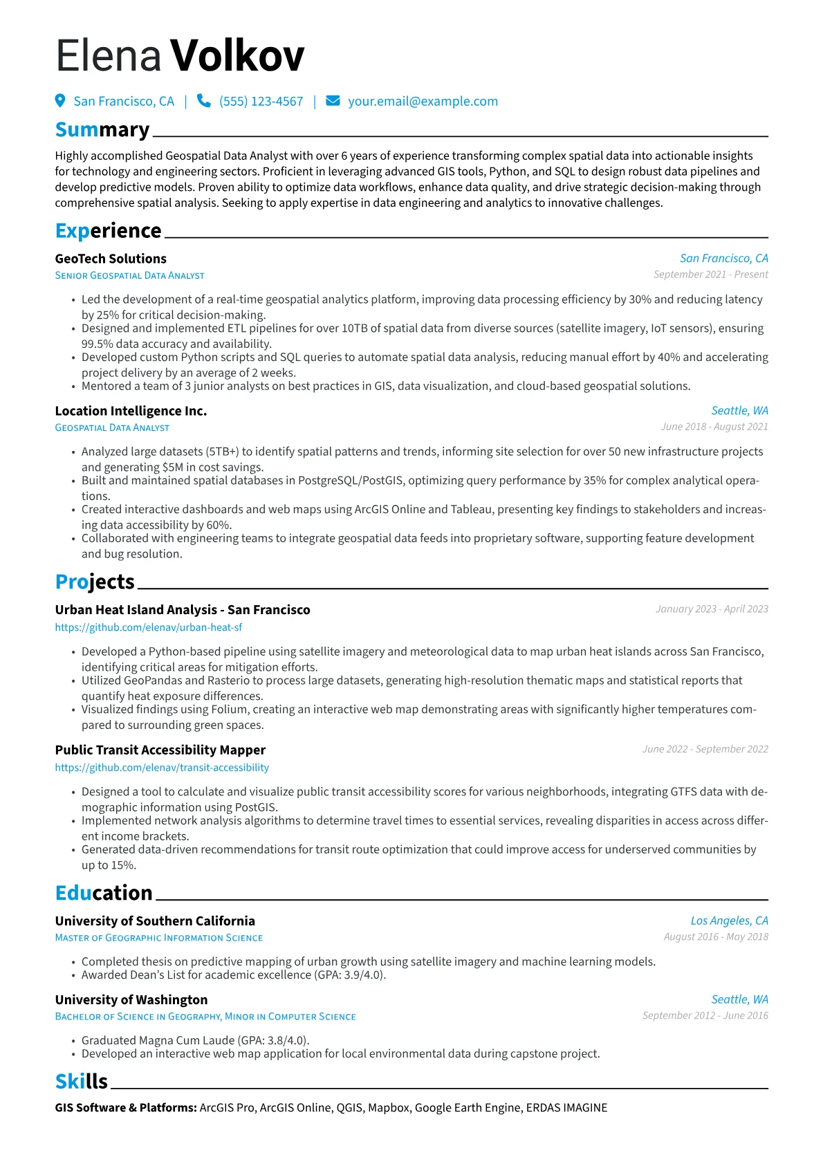 Geospatial Data Analyst Resume Example CV template - Page 1