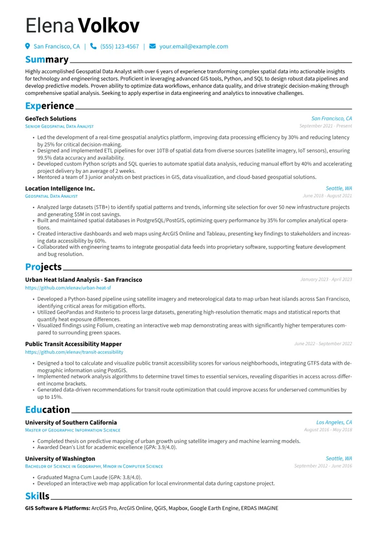 Geospatial Data Analyst Resume Example CV template preview