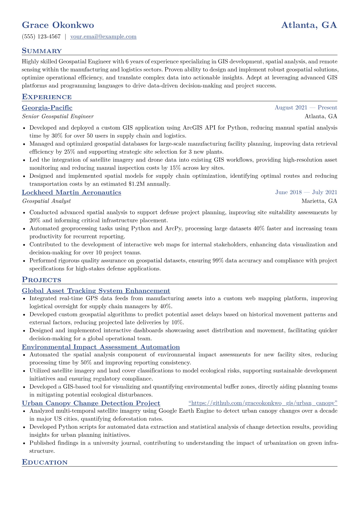 Geospatial Engineer Resume Example CV template - Page 1