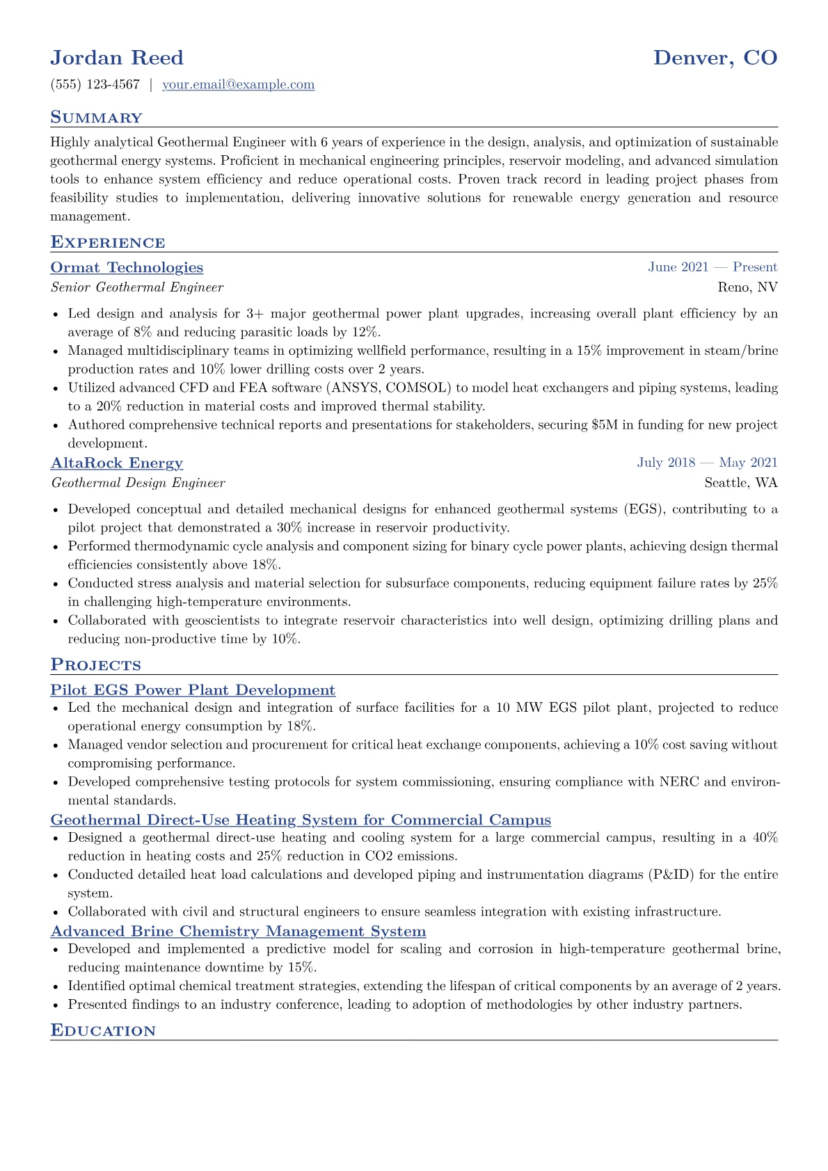 Geothermal Engineer Resume Example CV template - Page 1