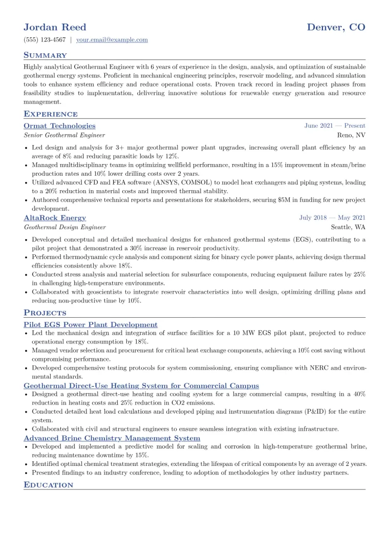 Geothermal Engineer Resume Example CV template preview