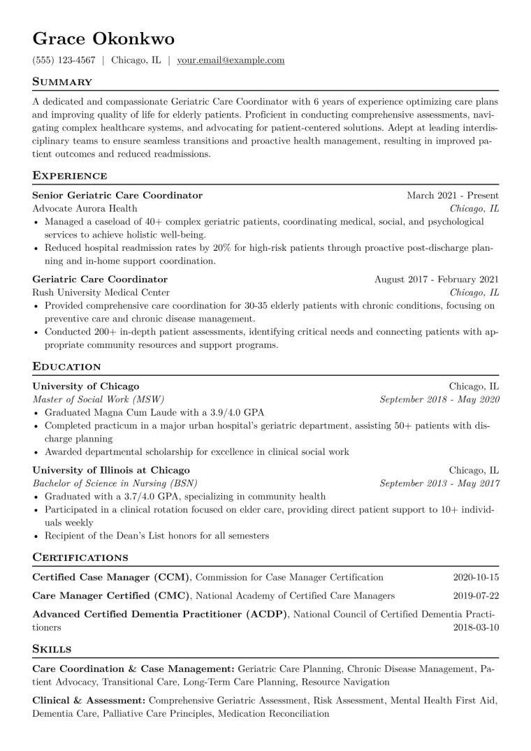Geriatric Care Coordinator Resume Example CV template preview