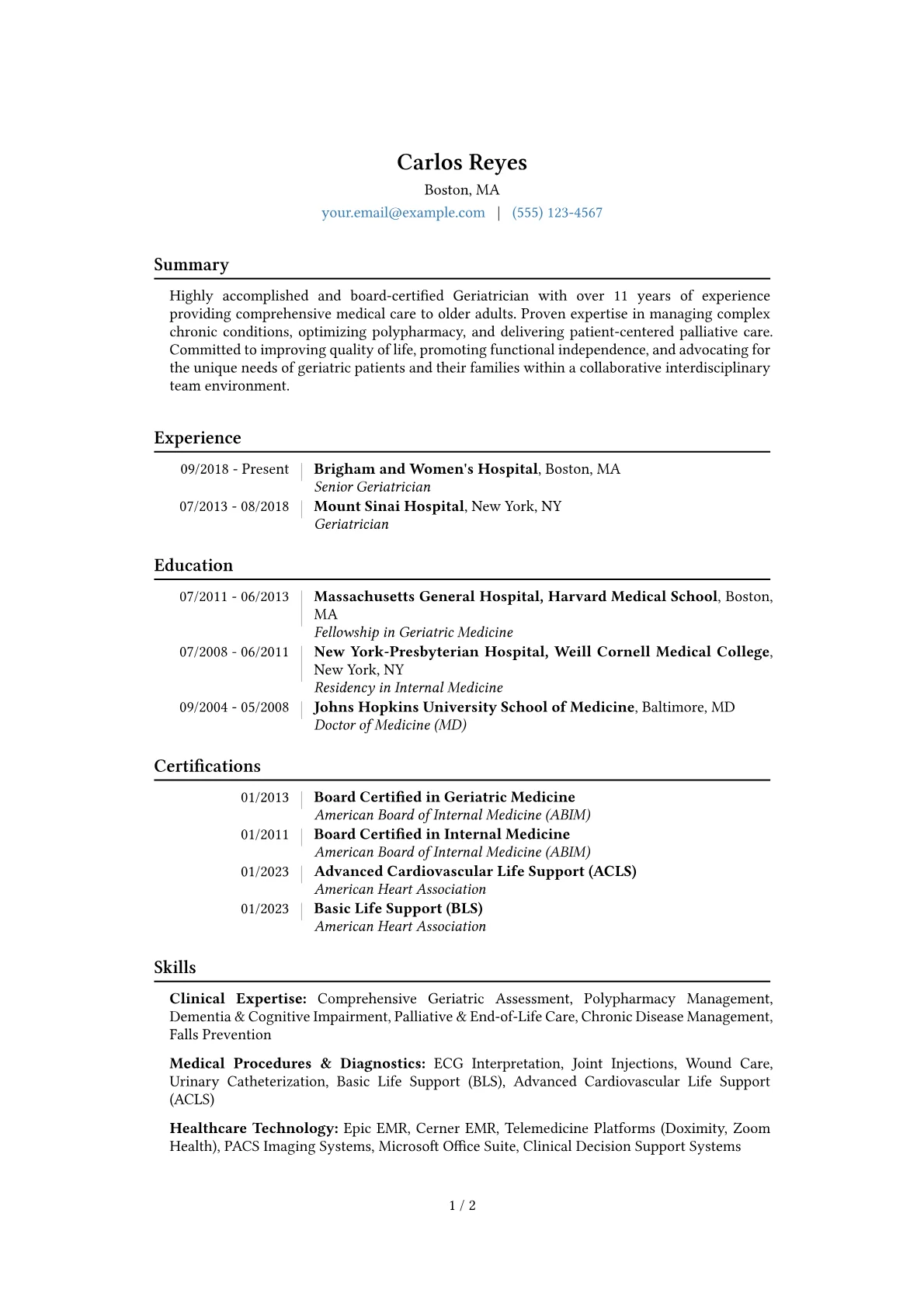 Geriatrician Resume Example CV template - Page 1