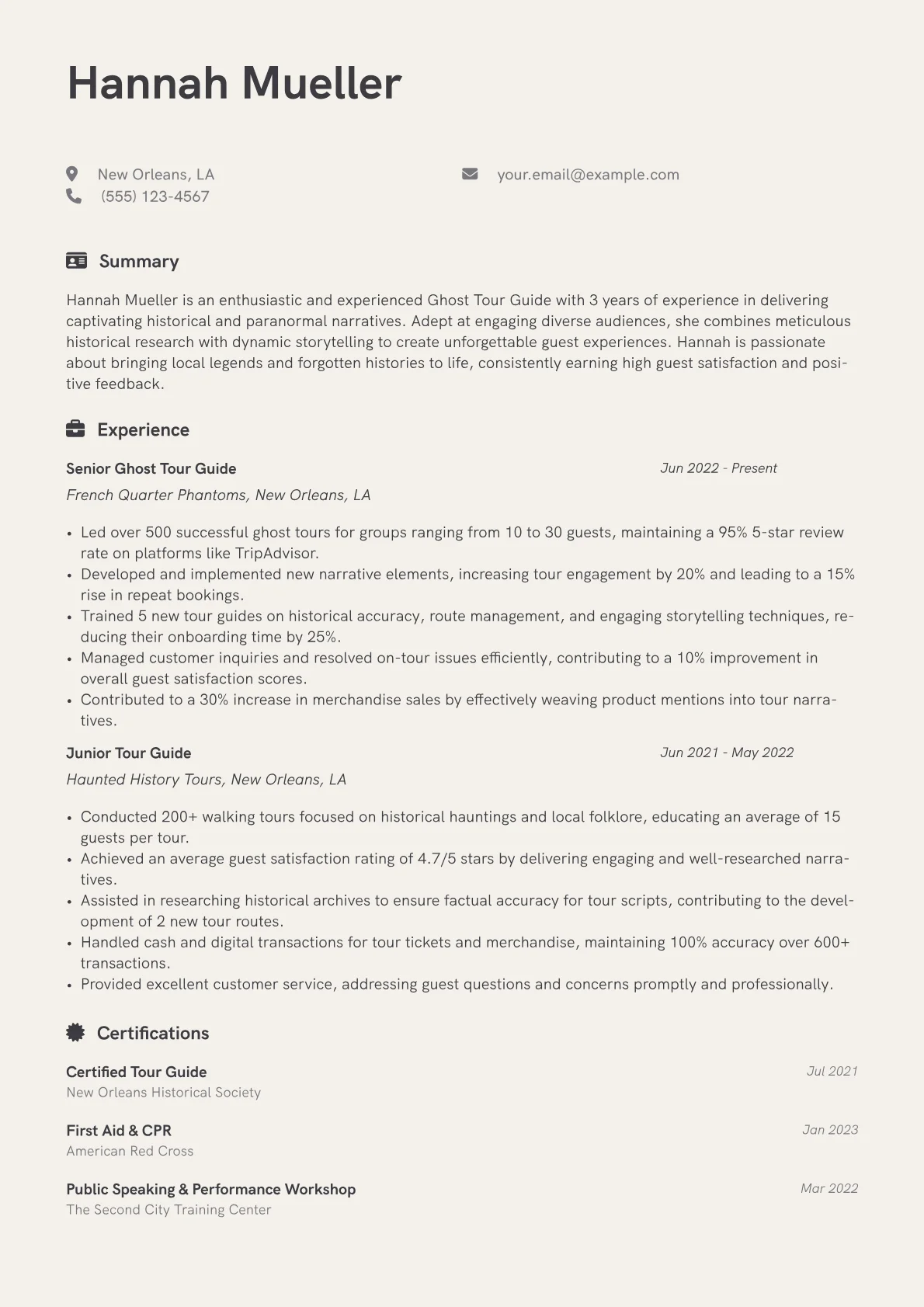 Ghost Tour Guide Resume Example CV template - Page 1
