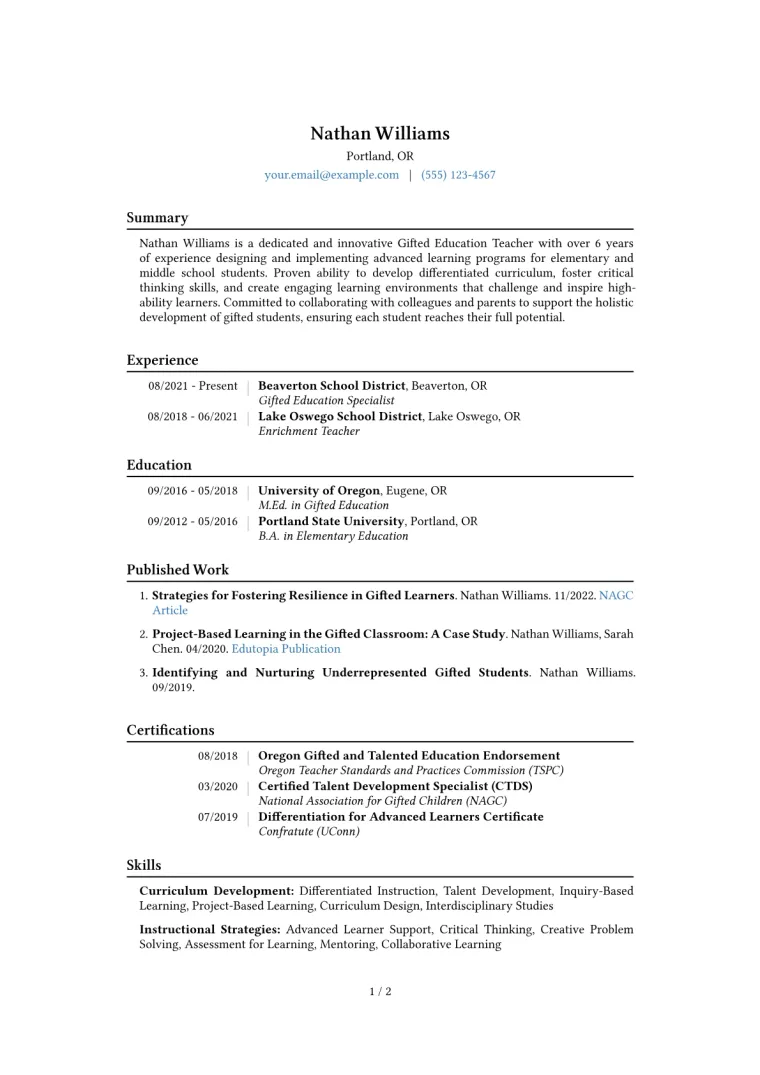 Gifted Education Teacher Resume Example CV template preview
