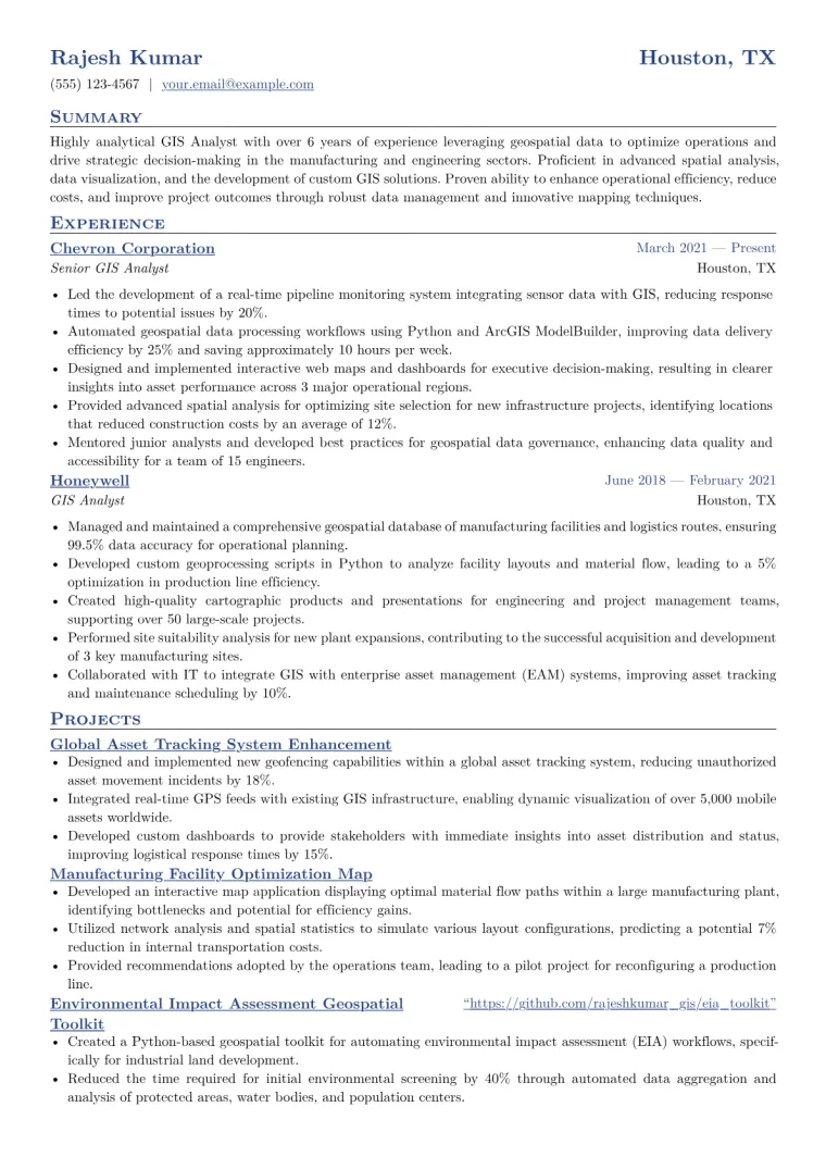 GIS Analyst Resume Example CV template preview