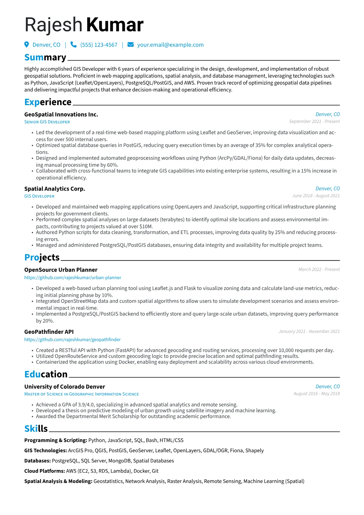 GIS Developer Resume Example CV template - Page 1