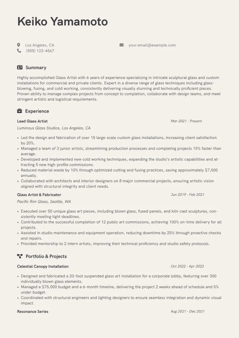 Glass Artist Resume Example CV template preview