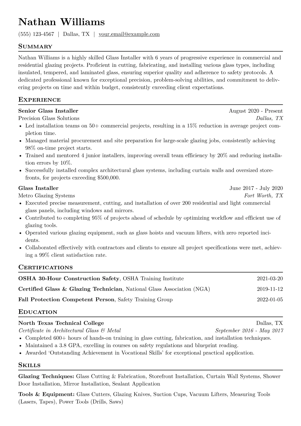 Glass Installer Resume Example CV template - Page 1