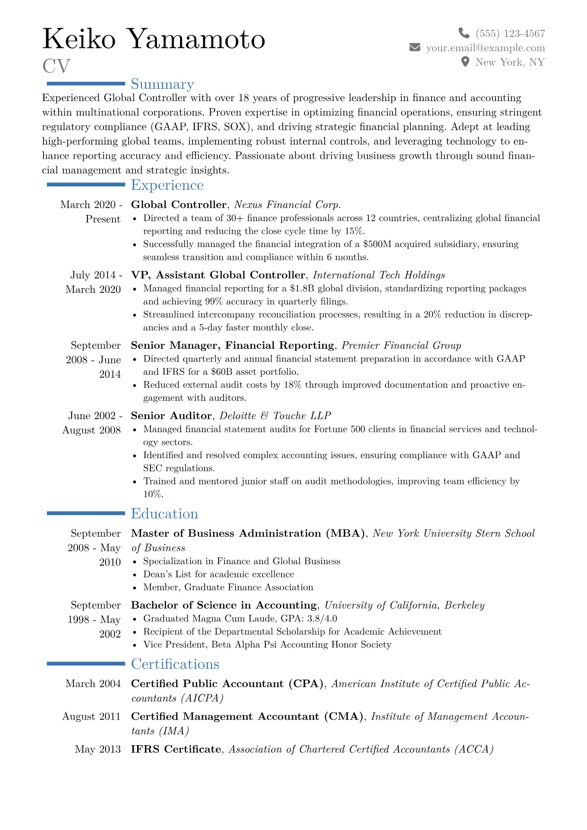 Global Controller Resume Example CV template - Page 1
