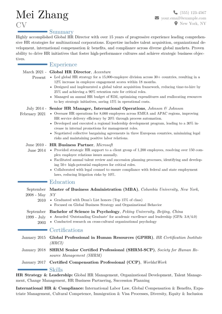 Global HR Director Resume Example CV template preview