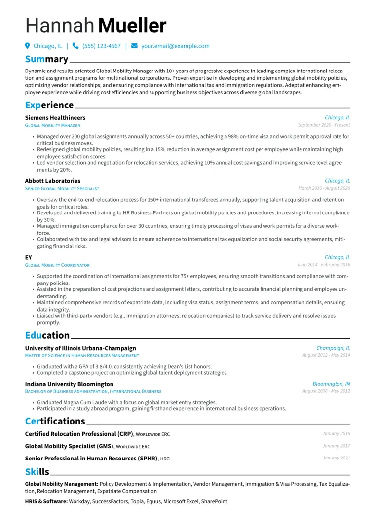 Global Mobility Manager Resume Example CV template preview
