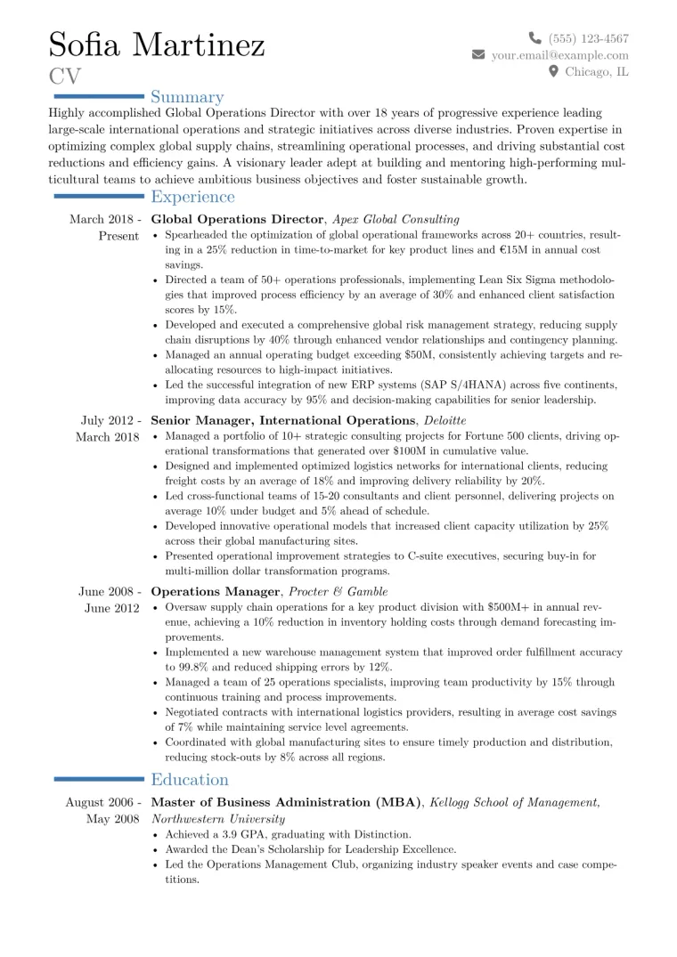 Global Operations Director Resume Example CV template preview