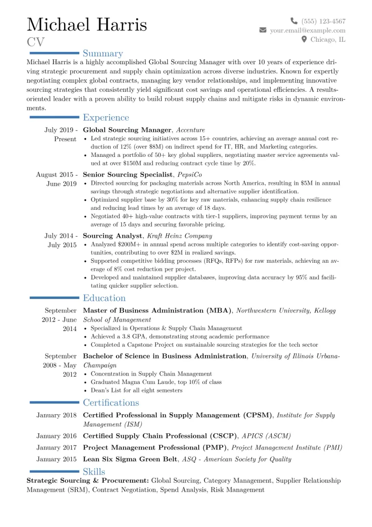 Global Sourcing Manager Resume Example CV template preview