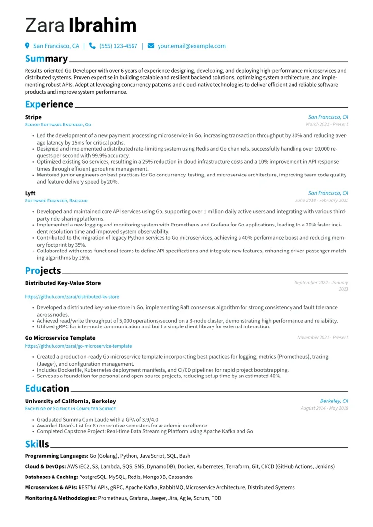 Go Developer Resume Example CV template preview