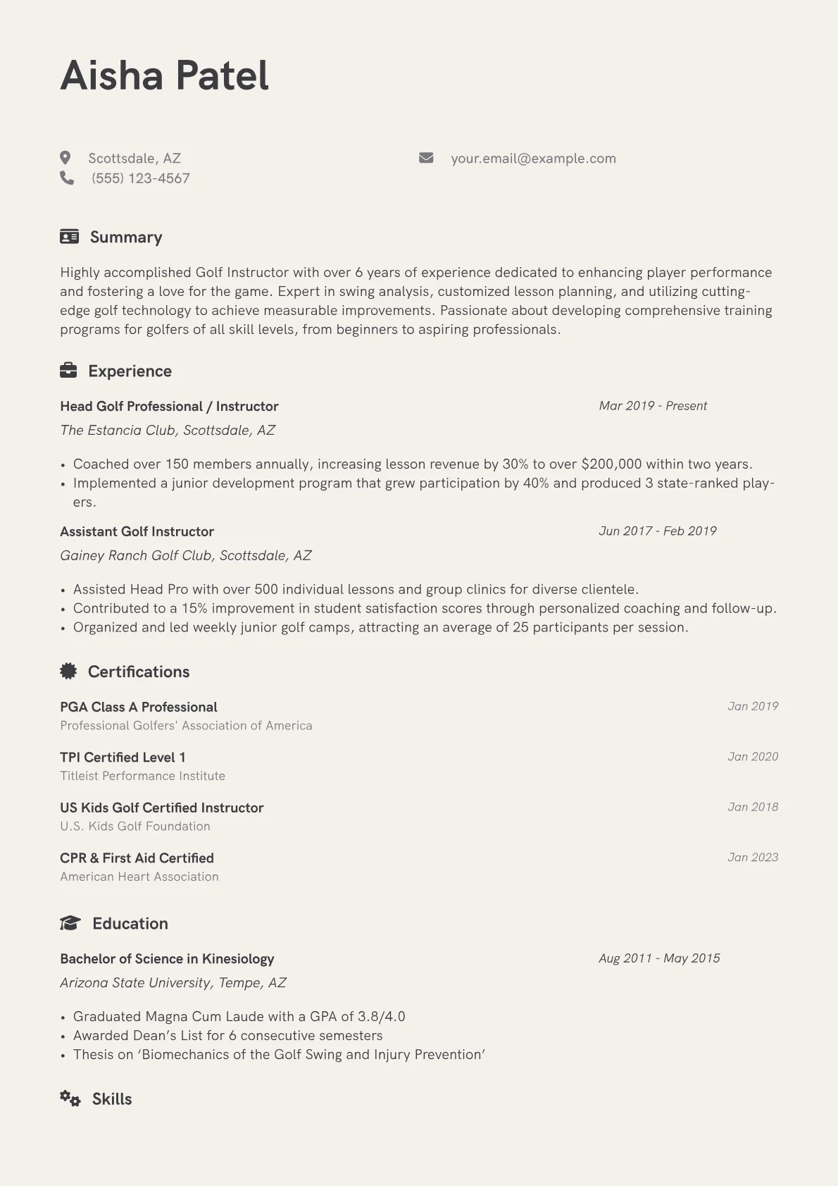 Golf Instructor Resume Example CV template - Page 1