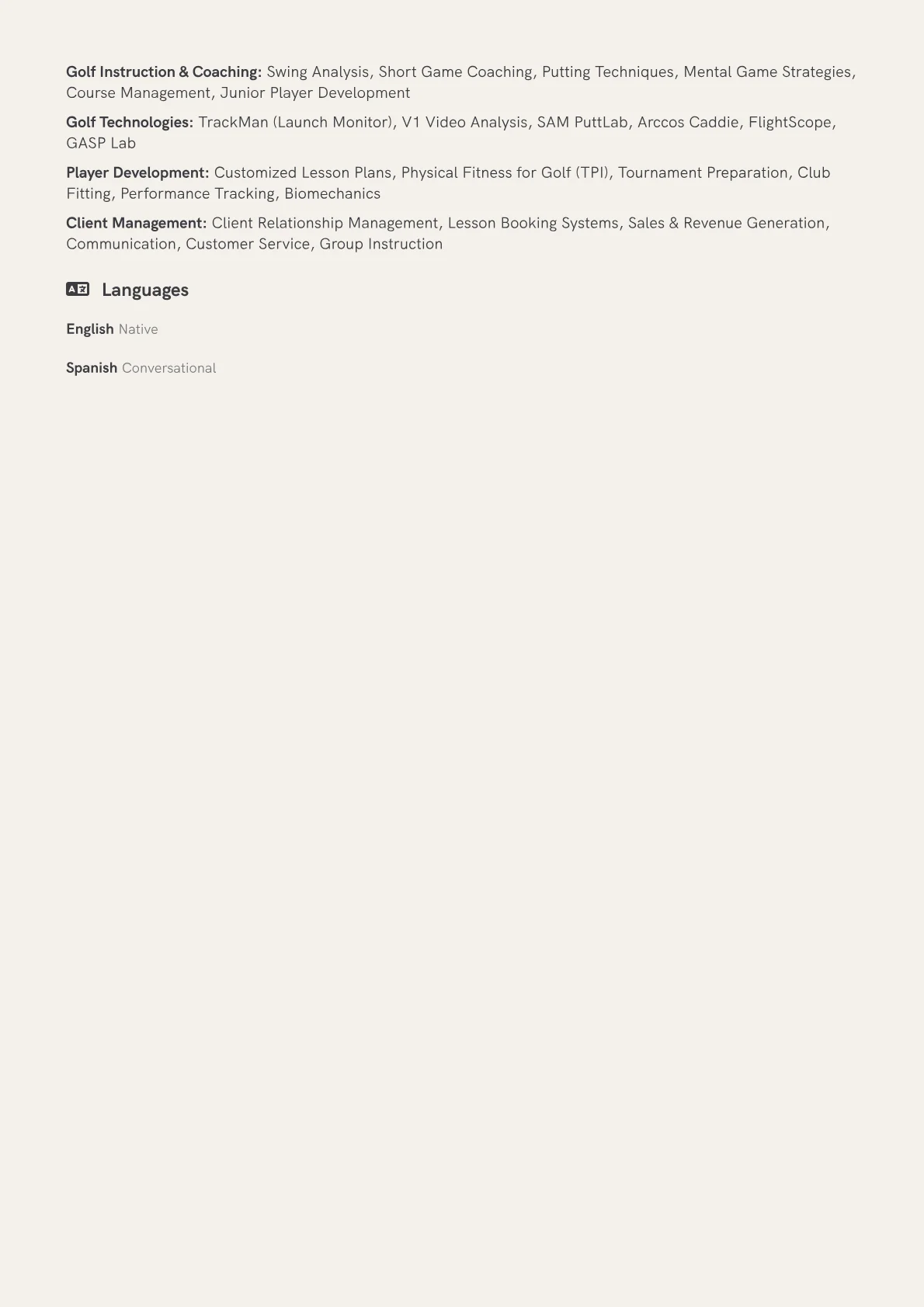 Golf Instructor Resume Example CV template - Page 2