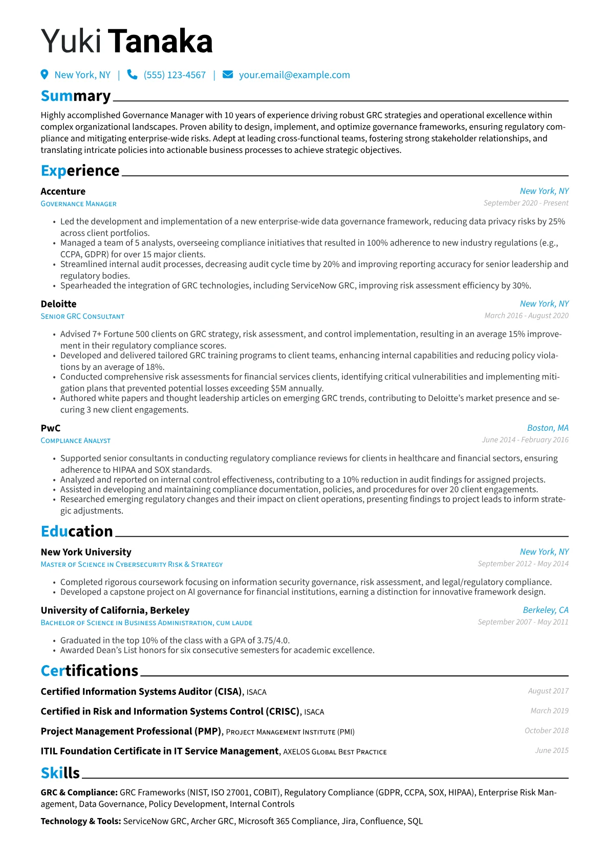 Governance Manager Resume Example CV template - Page 1