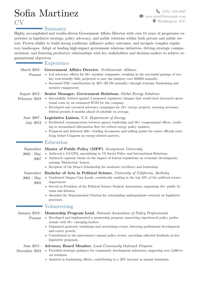 Government Affairs Director Resume Example CV template preview
