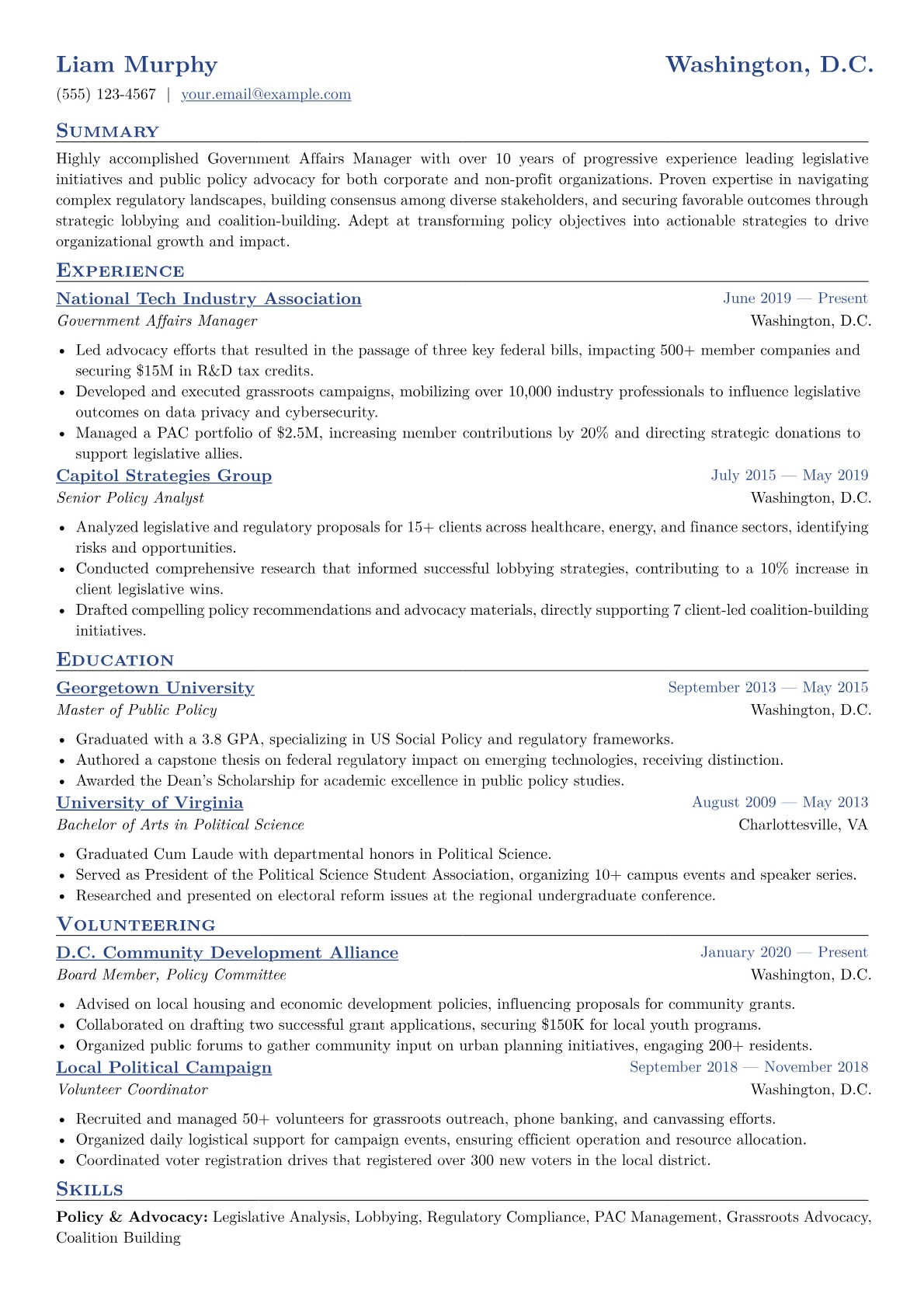 Government Affairs Manager Resume Example CV template - Page 1