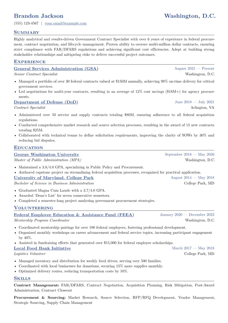 Government Contract Specialist Resume Example CV template preview