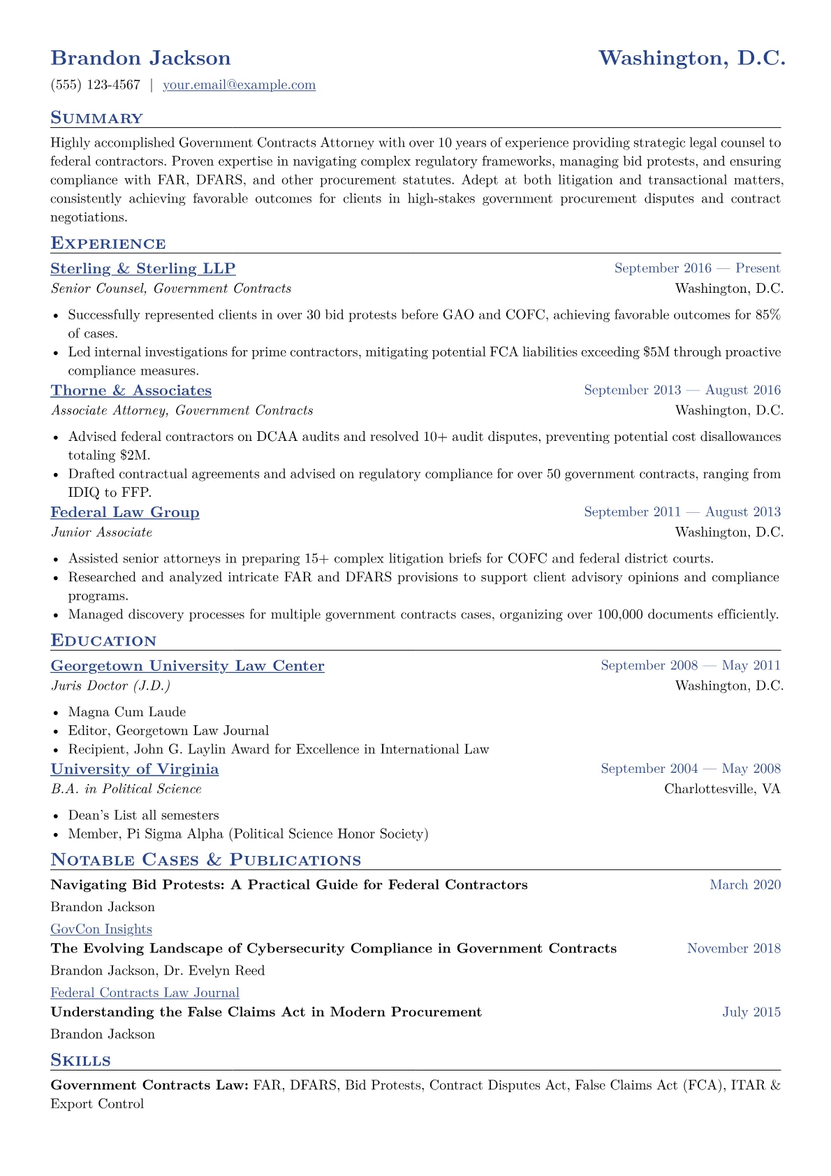 Government Contracts Attorney Resume Example CV template - Page 1