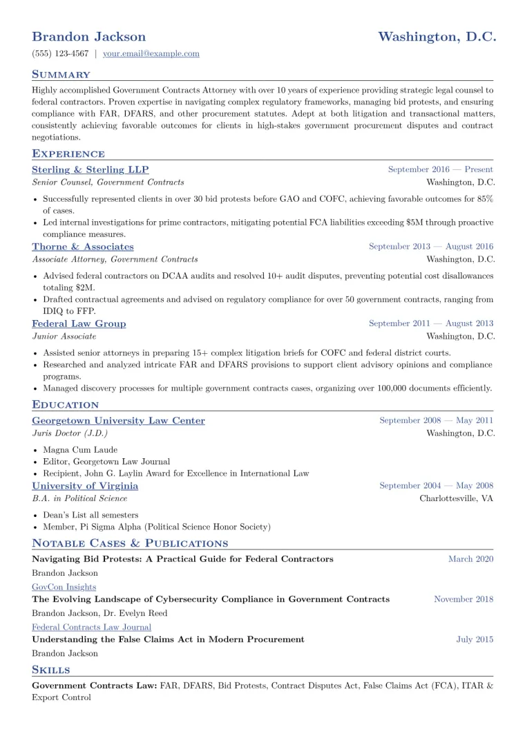 Government Contracts Attorney Resume Example CV template preview