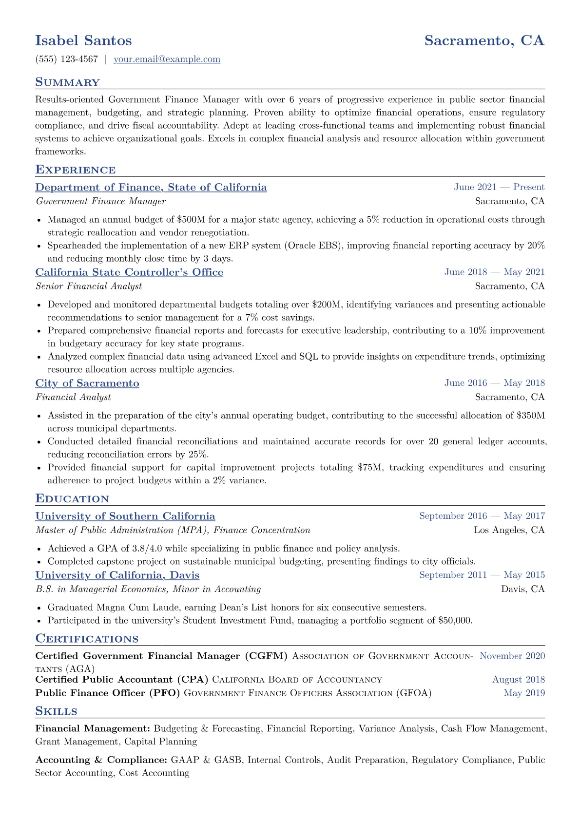 Government Finance Manager Resume Example CV template - Page 1