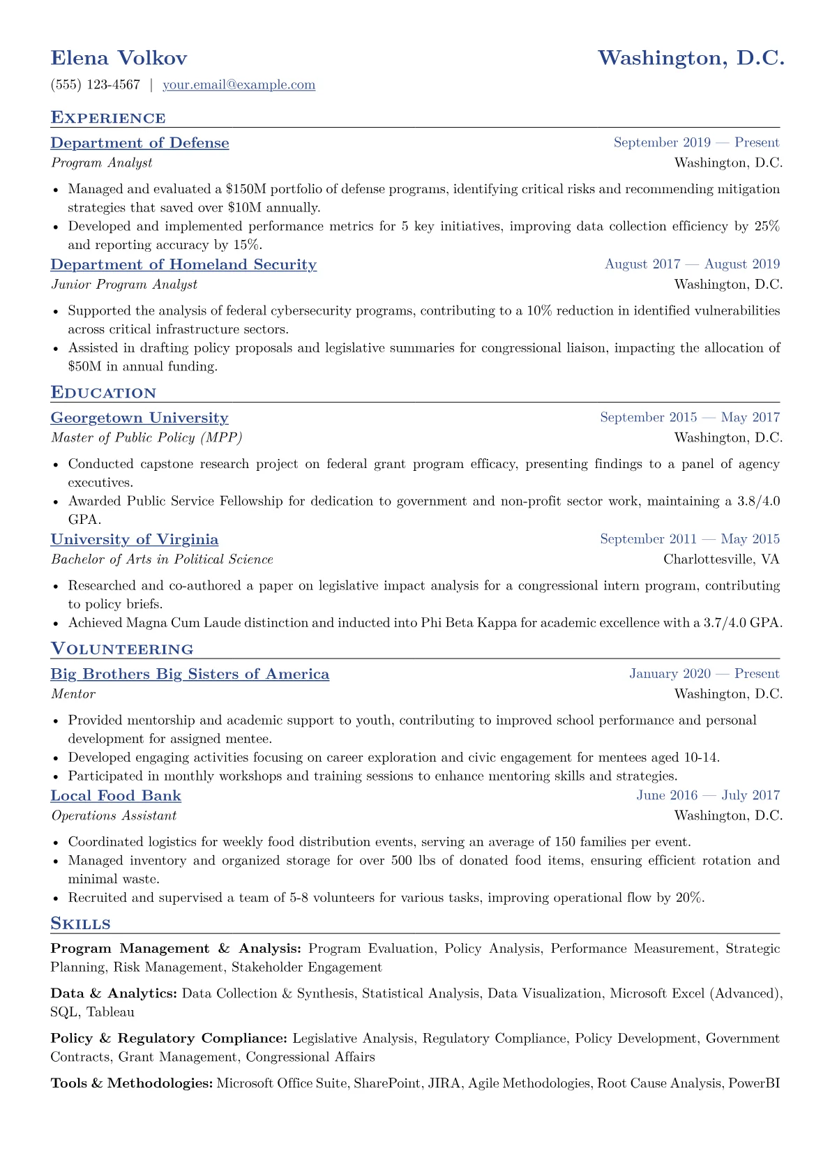 Government Program Analyst Resume Example CV template - Page 1