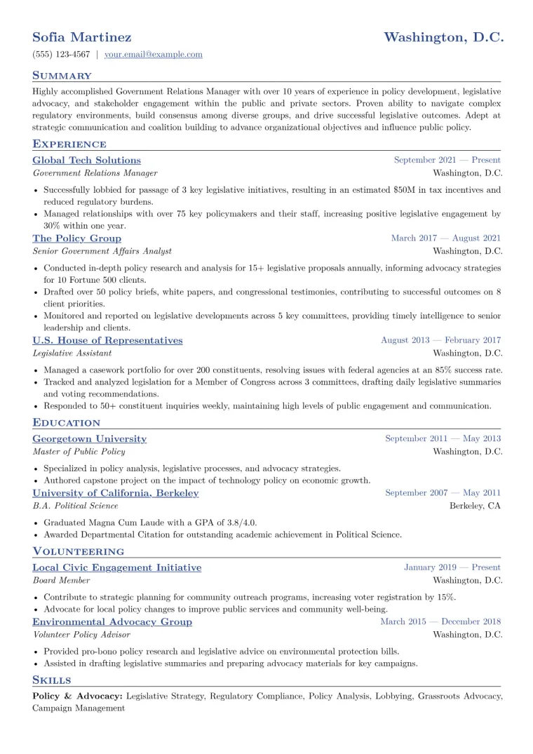 Government Relations Manager Resume Example CV template preview