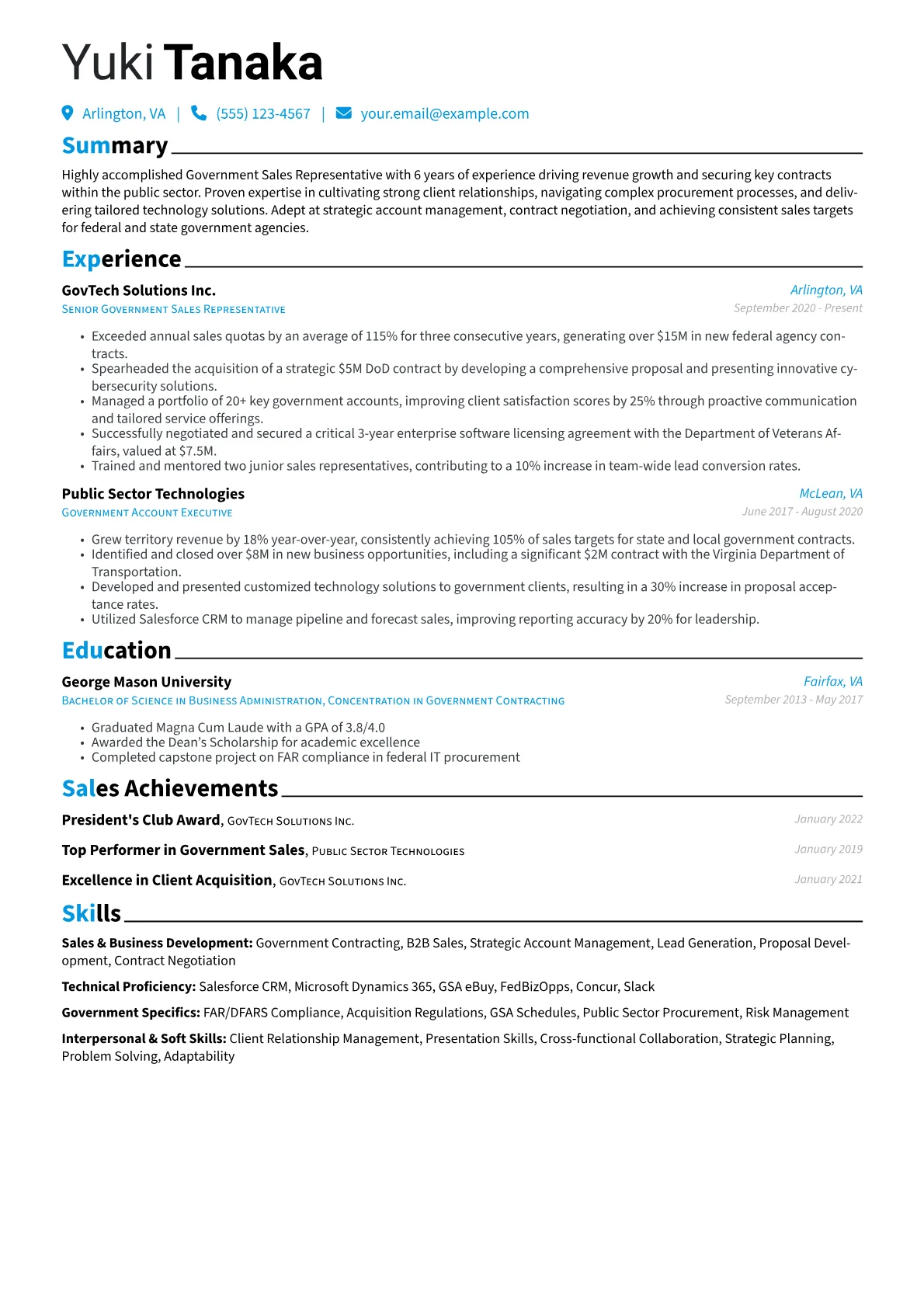 Government Sales Representative Resume Example CV template - Page 1