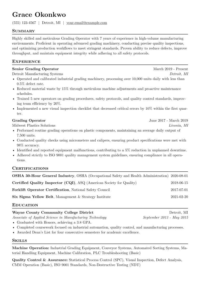 Grading Operator Resume Example CV template preview