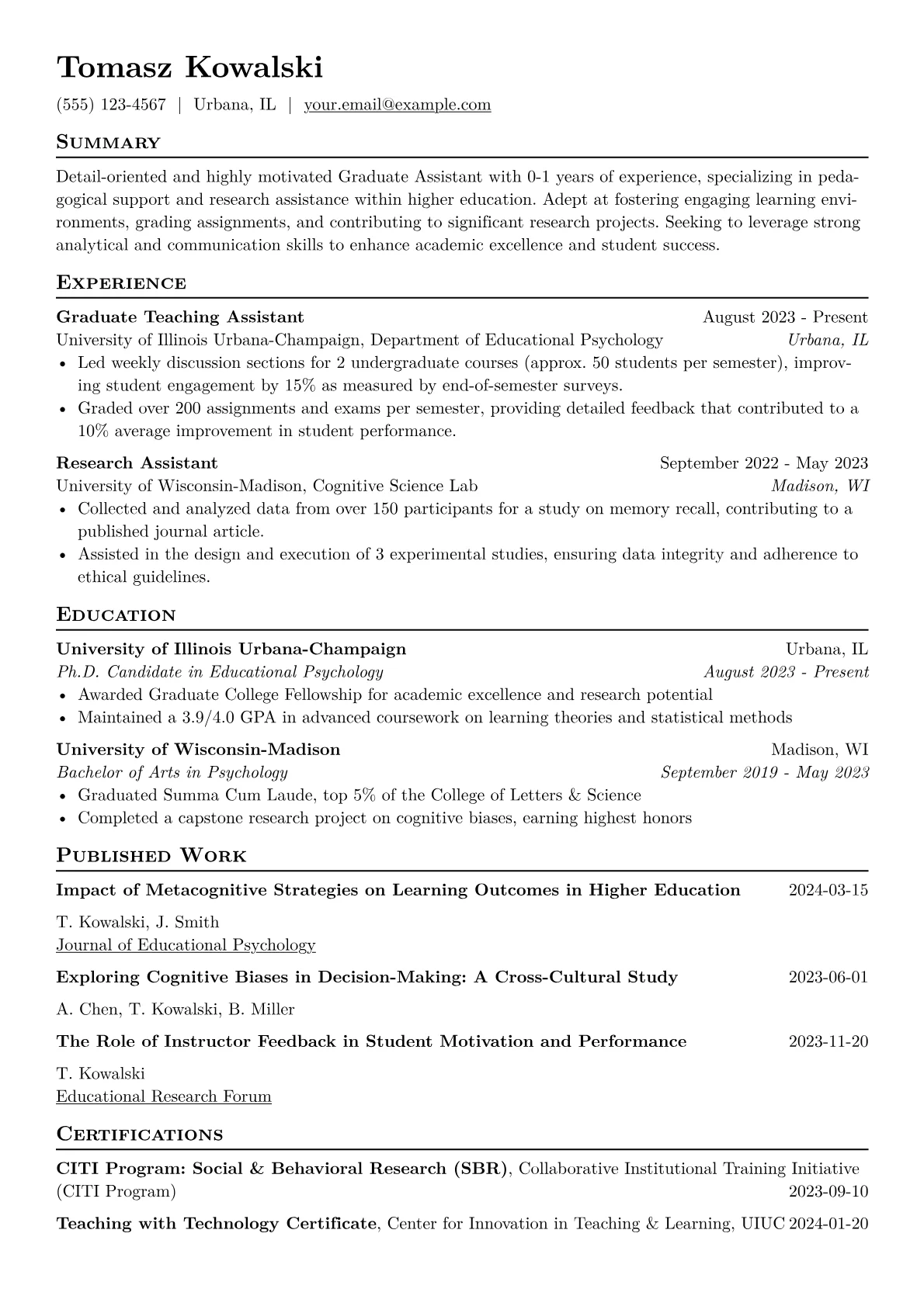 Graduate Assistant Resume Example CV template - Page 1