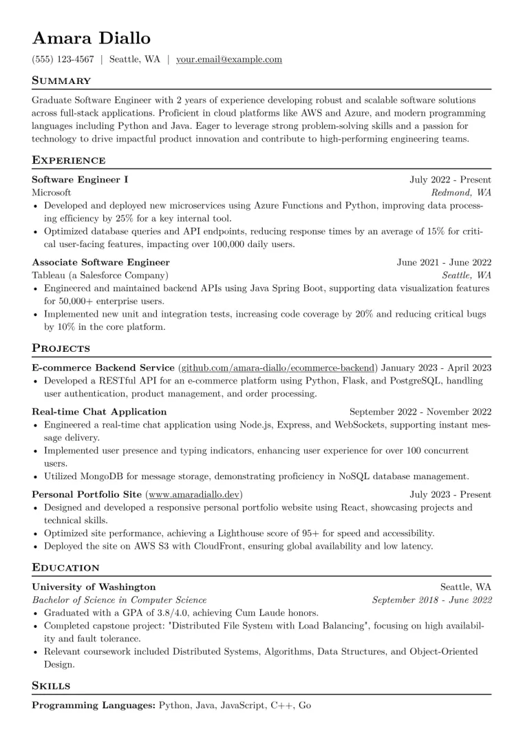 Graduate Software Engineer Resume Example CV template preview