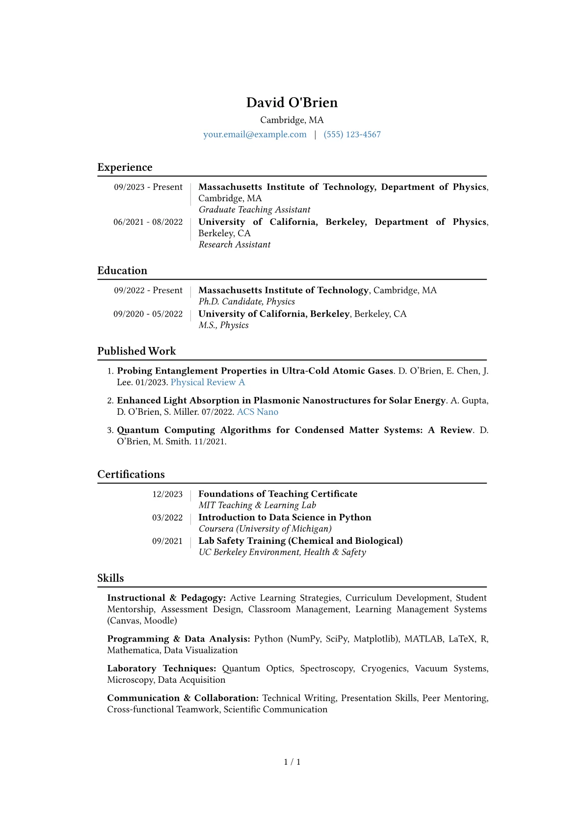 Graduate Teaching Assistant Resume Example CV template - Page 1