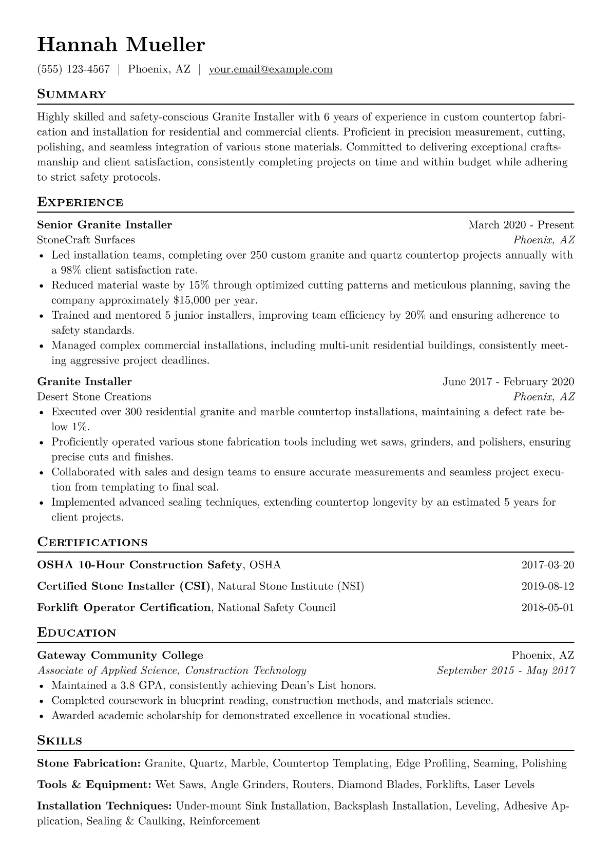 Granite Installer Resume Example CV template - Page 1