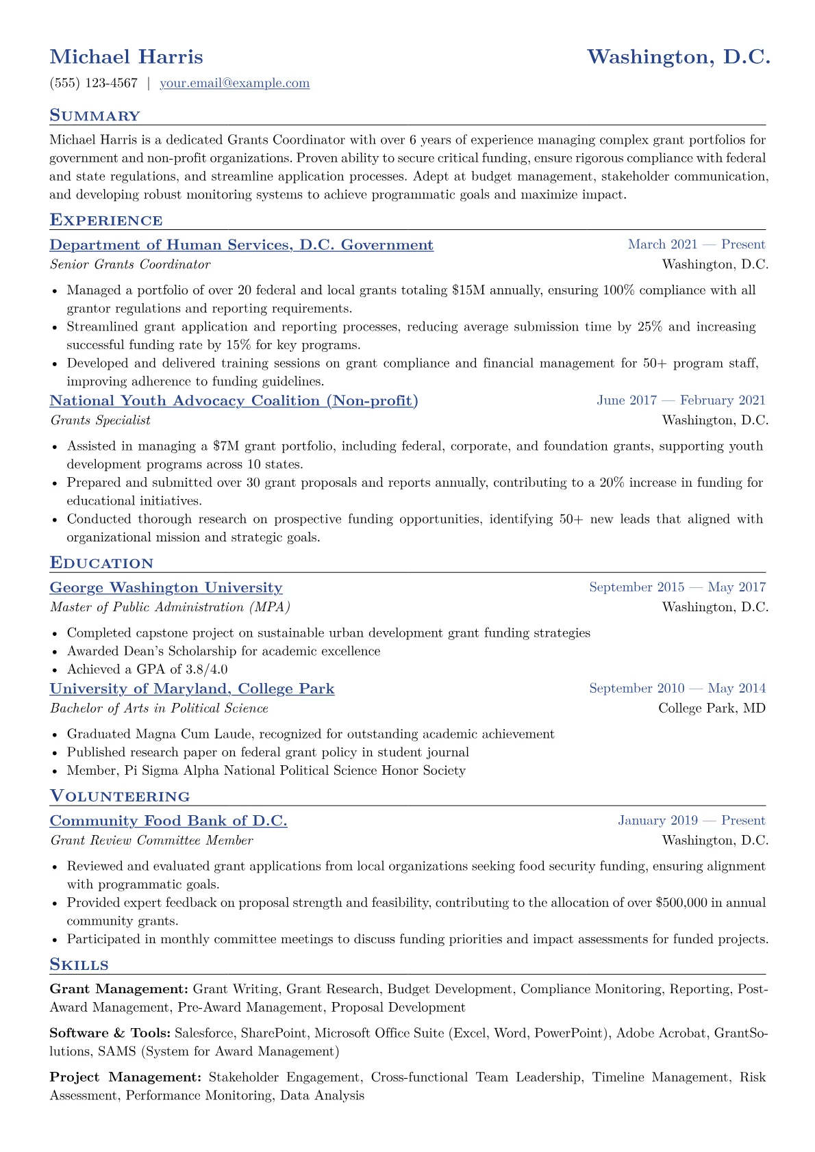 Grants Coordinator Resume Example CV template - Page 1