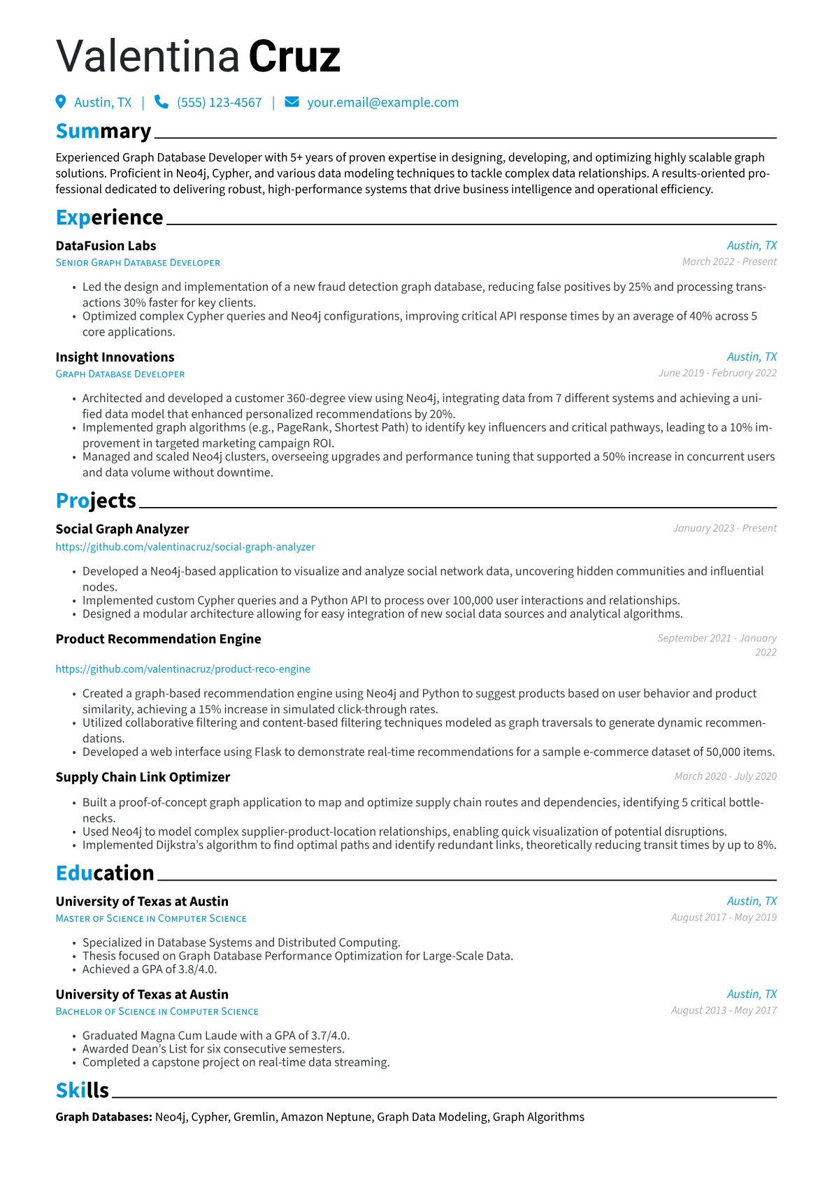 Graph Database Developer Resume Example CV template - Page 1