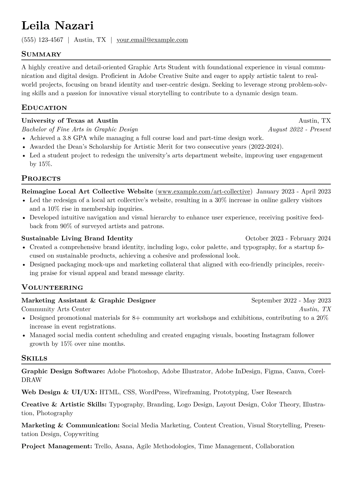 Graphic Arts Student Resume Example CV template - Page 1