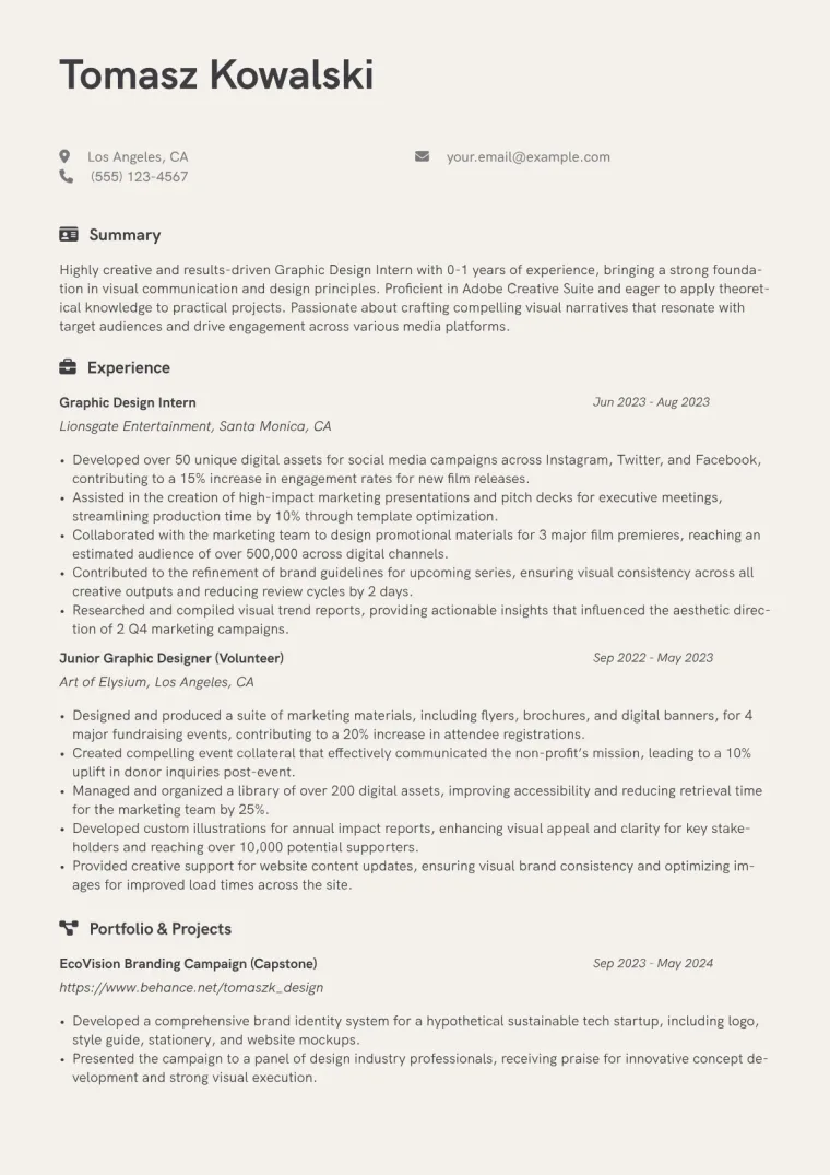 Graphic Design Intern Resume Example