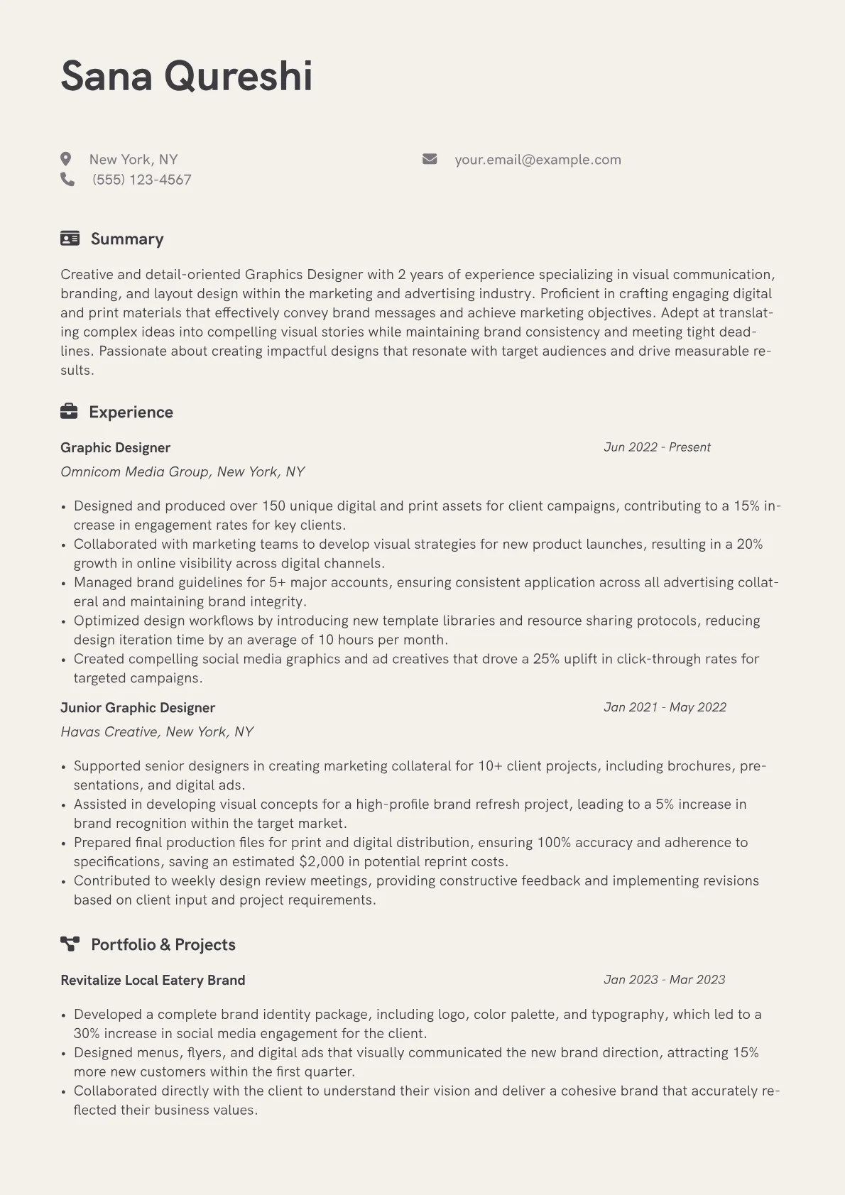 Graphics Designer Resume Example CV template - Page 1